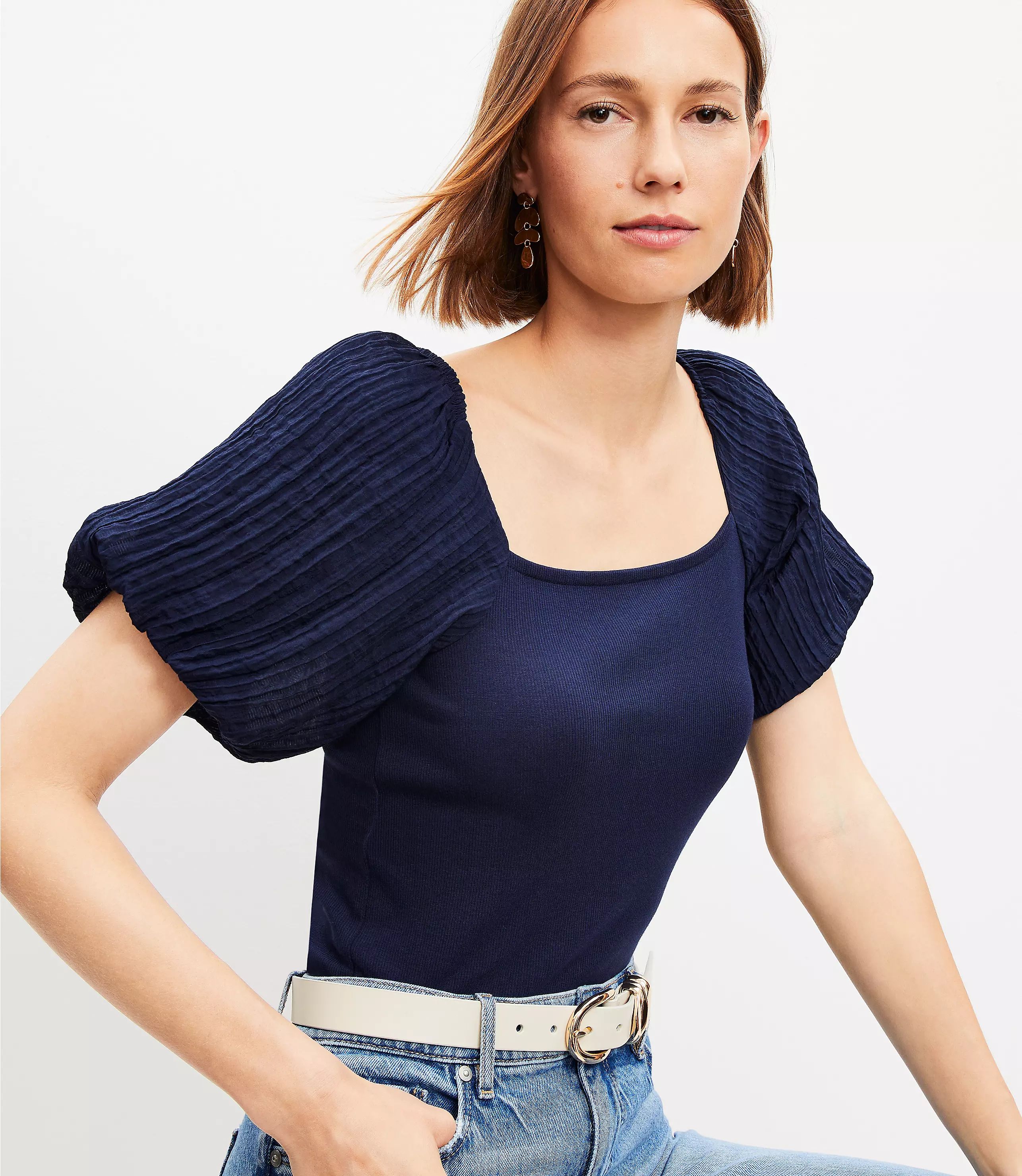 Tie Back Bubble Sleeve Mixed Media Top | LOFT