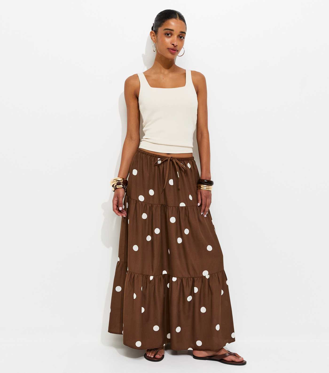 Brown Polka Dot Tiered Midi Skirt | New Look | New Look (UK)