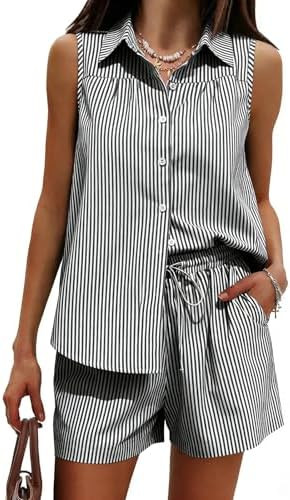 EXLURA Women's Summer 2 Piece Outfits Cotton Sleeveless Button Down Shirts Matching Shorts Sets C... | Amazon (CA)