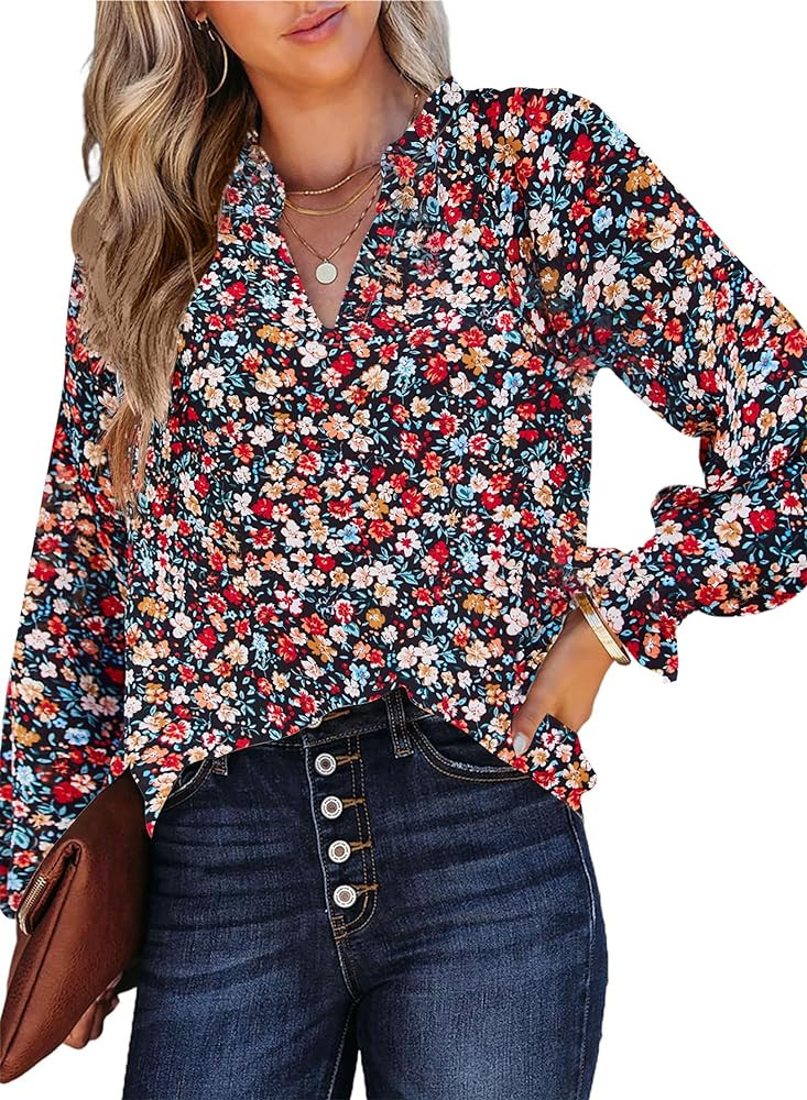 HOTOUCH Women Bohemian V Neck Floral Print Smocked Long Sleeve Casual Tops Chiffon Blouses Boho S... | Amazon (US)
