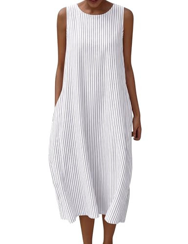 LOMON Summer Maxi Dresses for Women Beach Vacation Casual Loose Sundresses Cotton Striped Long Dress with Pockets | Amazon (US)