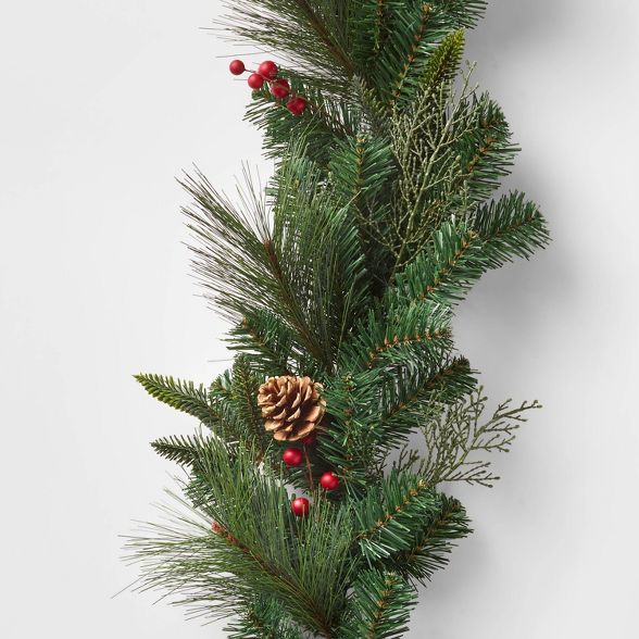 6ft Unlit Mixed Greenery with Pinecones and Red Berries Artificial Christmas Garland - Wondershop... | Target