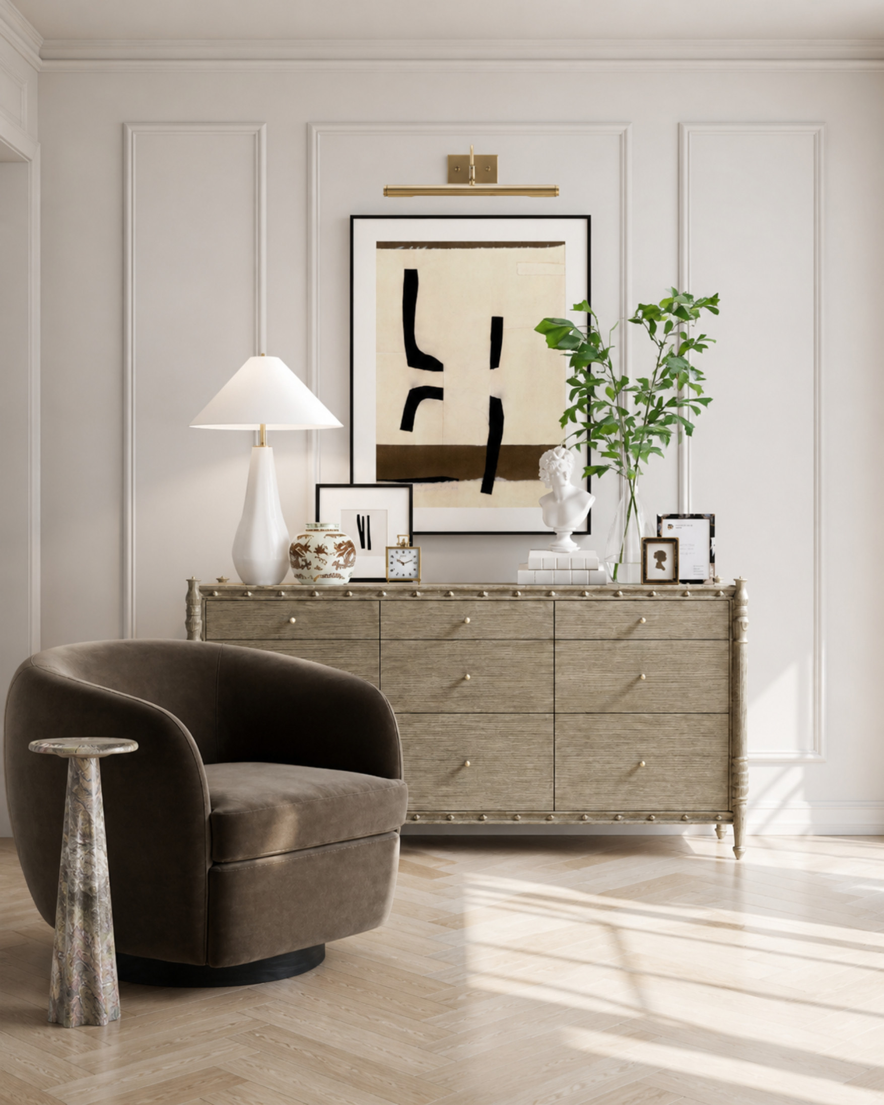 If your space feels a little flat, it’s usually missing contrast. ✨

This is a perfect example of how to fix that — warm wood tones, soft neutrals, and just enough depth from darker pieces to keep everything from blending together.

The dresser and paneling keep things light and classic, while the leather chair and darker accents add weight and make the whole space feel more grounded. Then it’s layered with simple styling — artwork, greenery, and a few sculptural pieces — nothing overdone.

If you want your space to feel more elevated, focus on this: mix light and dark, keep your palette tight, and add a few pieces with real presence.

This is what makes a room feel styled, not just decorated. ✨ 

 #LTKHome