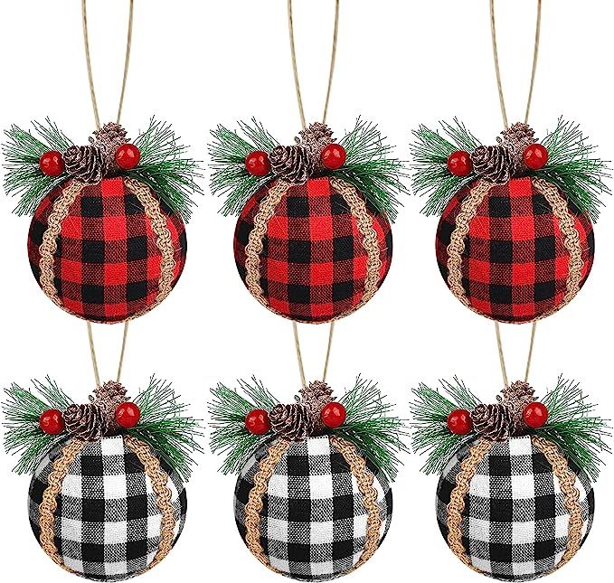 6 PCS Christmas Buffalo Plaid Ball Ornaments, 3.15 Inch Red & Black/Black & White Buffalo Plaid X... | Amazon (US)