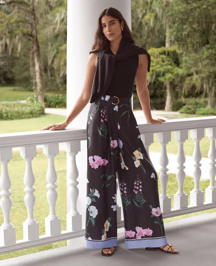 The Petite Floral Pleated Wide Leg Pant in Satin | Ann Taylor
