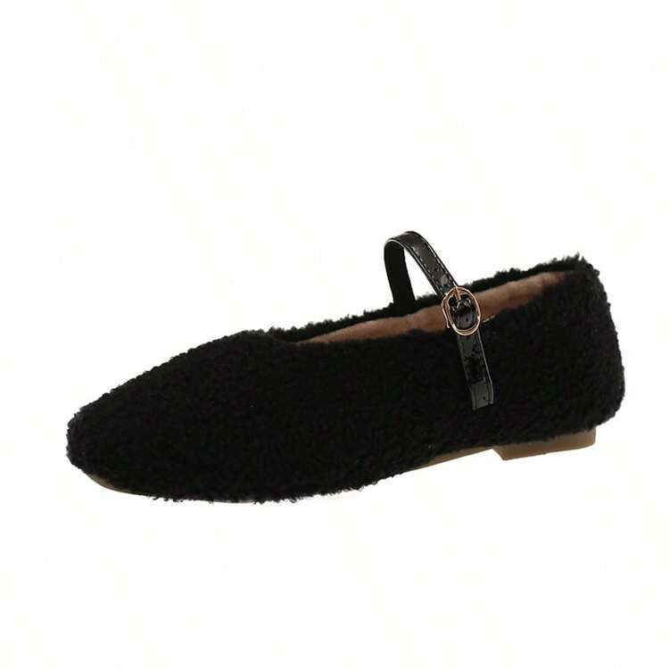 Women's Ballet Flats, Round Toe, Solid Color, Faux Fur Lining, Buckle Strap, Flat Heel, Suitable ... | SHEIN
