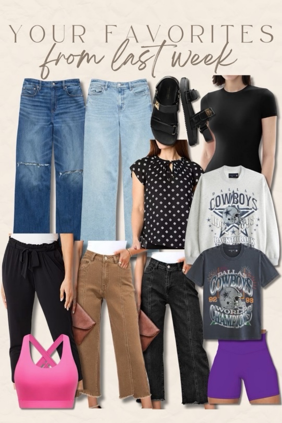 AE denim, size down one // Amazon sandals, true to size // Amazon bodysuit, size large, true to size // JCP blouse, size large, true to size // Cowboys sweater, I sized up to an XL for oversized fit // Cowboys graphic, I sized down to a M // JCP pants, size large, true to size // Amazon jeans (black and brown), true to size // Amazon sports bra, true to size // Amazon workout shorts, I size up to an XL for more room in the thighs 

#LTKStyleTip #LTKFindsUnder50 #LTKMidsize