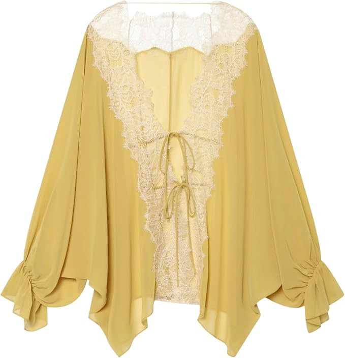 Chevara Women’s Sheer Chiffon Lace Trim Blouse V Neck Tie Front Flowy Shirt | Amazon (US)