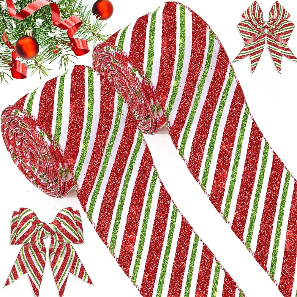 2 Rolls 20 Yards Christmas Wired Edge Ribbons 2.5 Inch Ribbon Candy Cane Glitter Ribbons Gift Wra... | Amazon (CA)