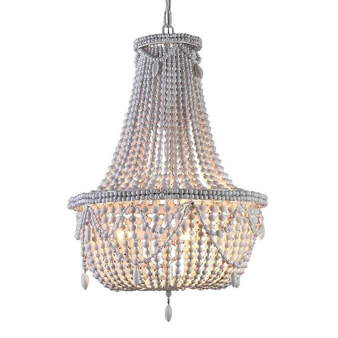 KunMai Classic Farmhouse Distressed Wood Beaded Basket 3-Light Chandelier in Antique White/Gray (... | Amazon (US)