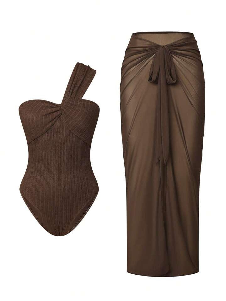 Swim Oasis 2pcs/Set Women Summer Solid Color Tankini Swimsuit With Jacquard Fabric Top & Tie-Up Mesh Beach Dress, Beach Resort Outfit | SHEIN