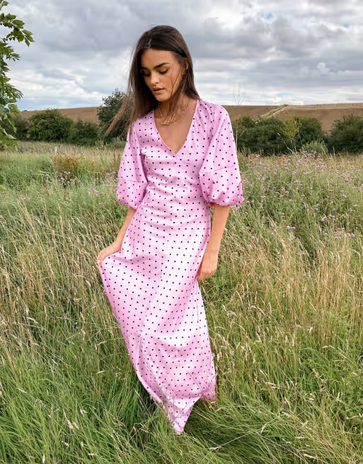 ASOS DESIGN satin trapeze maxi dress with puff sleeves in polka dot | ASOS (Global)