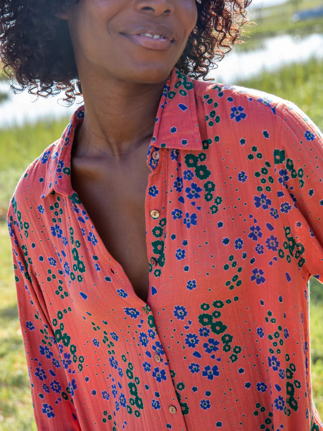 Georgia Shirt Dress - Red Green Floral Cotton Gauze | Natural Life