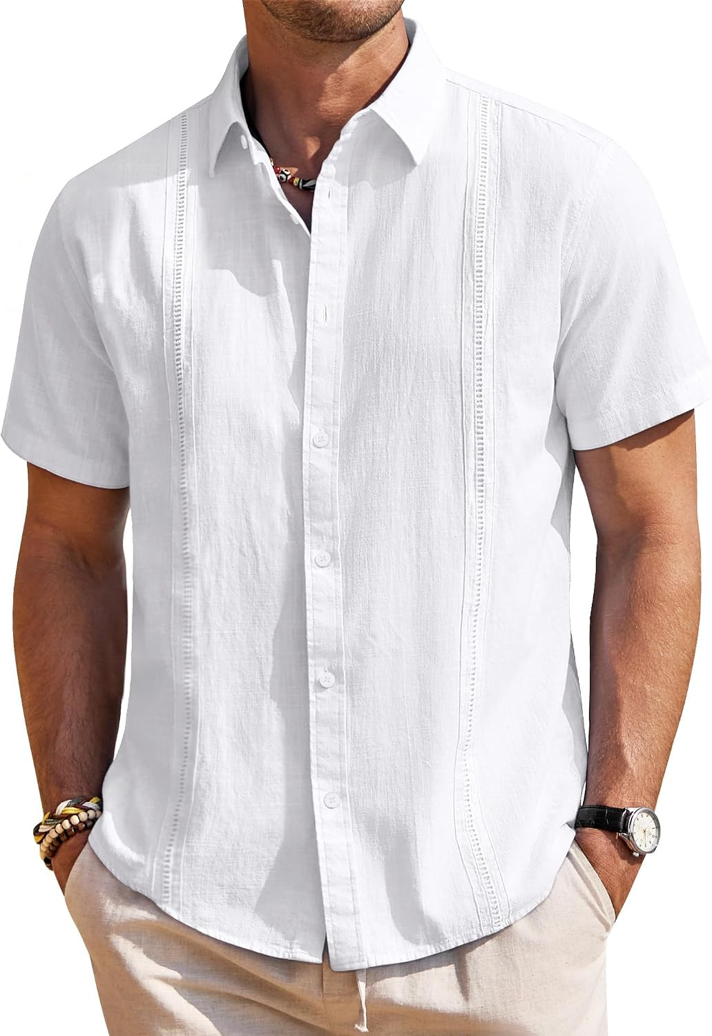 Mens Linen Textured Shirt Short Sleeve Button Down Cuban Guayabera Shirt | Amazon (US)