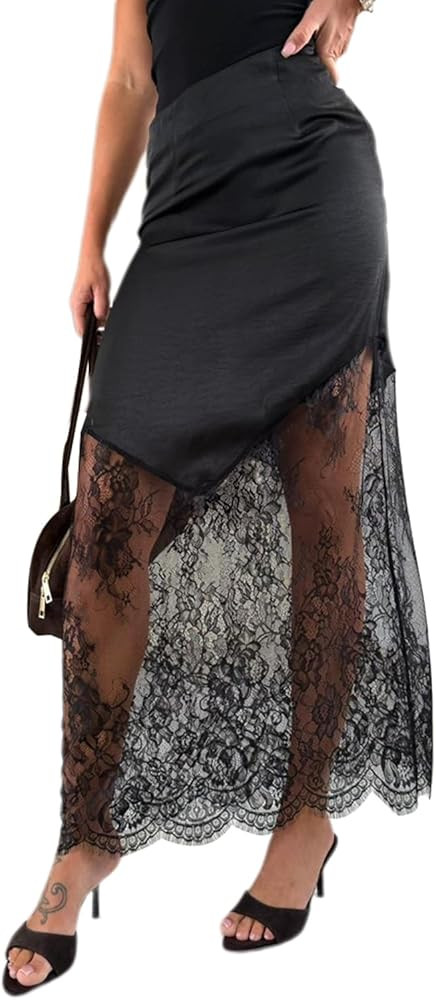 Women Lace Patchwork Skirts High Waist A Line Y2K Elegant Maxi Long Skirts Party Boho Skirt | Amazon (US)