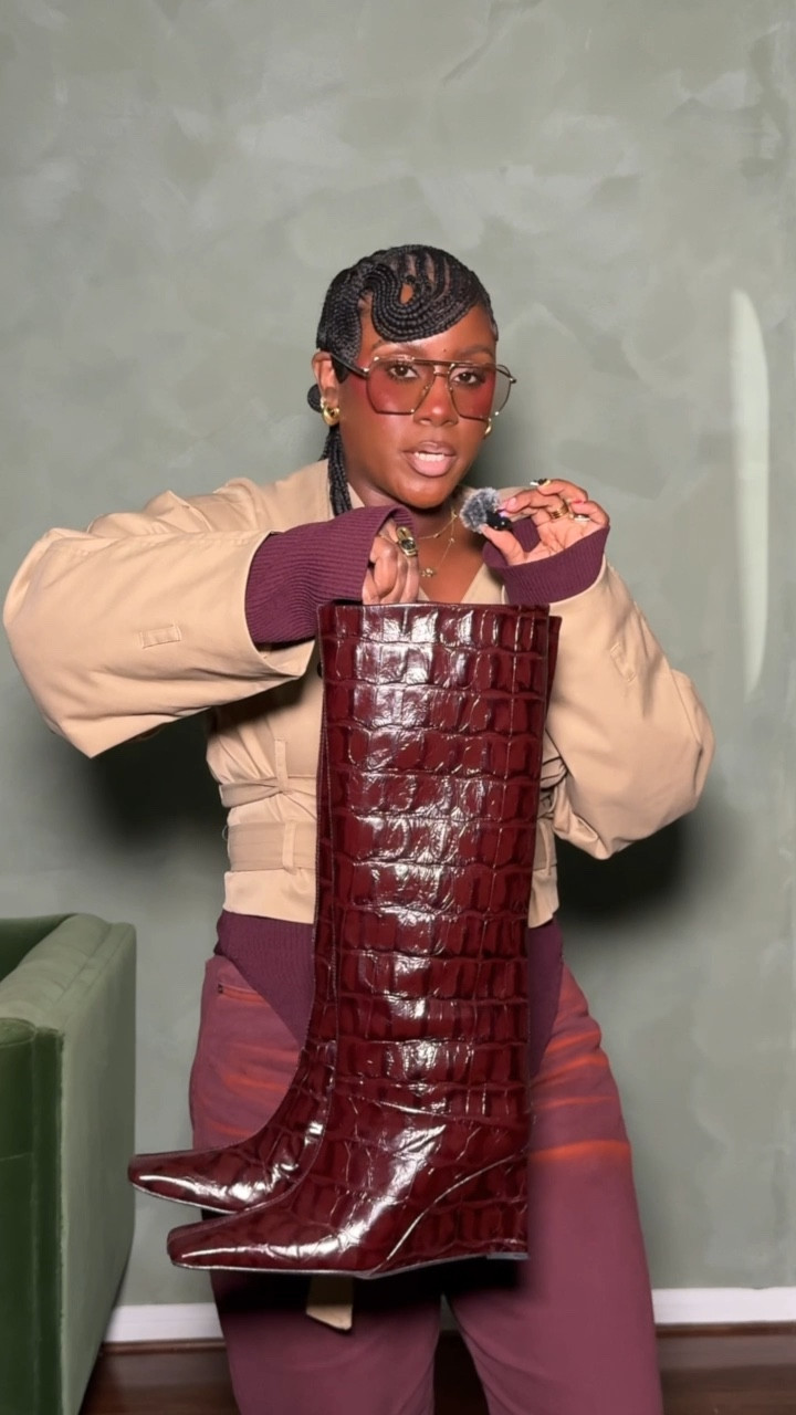 Burgundy leather boots, cropped trench, knit top and wide leg jeans 