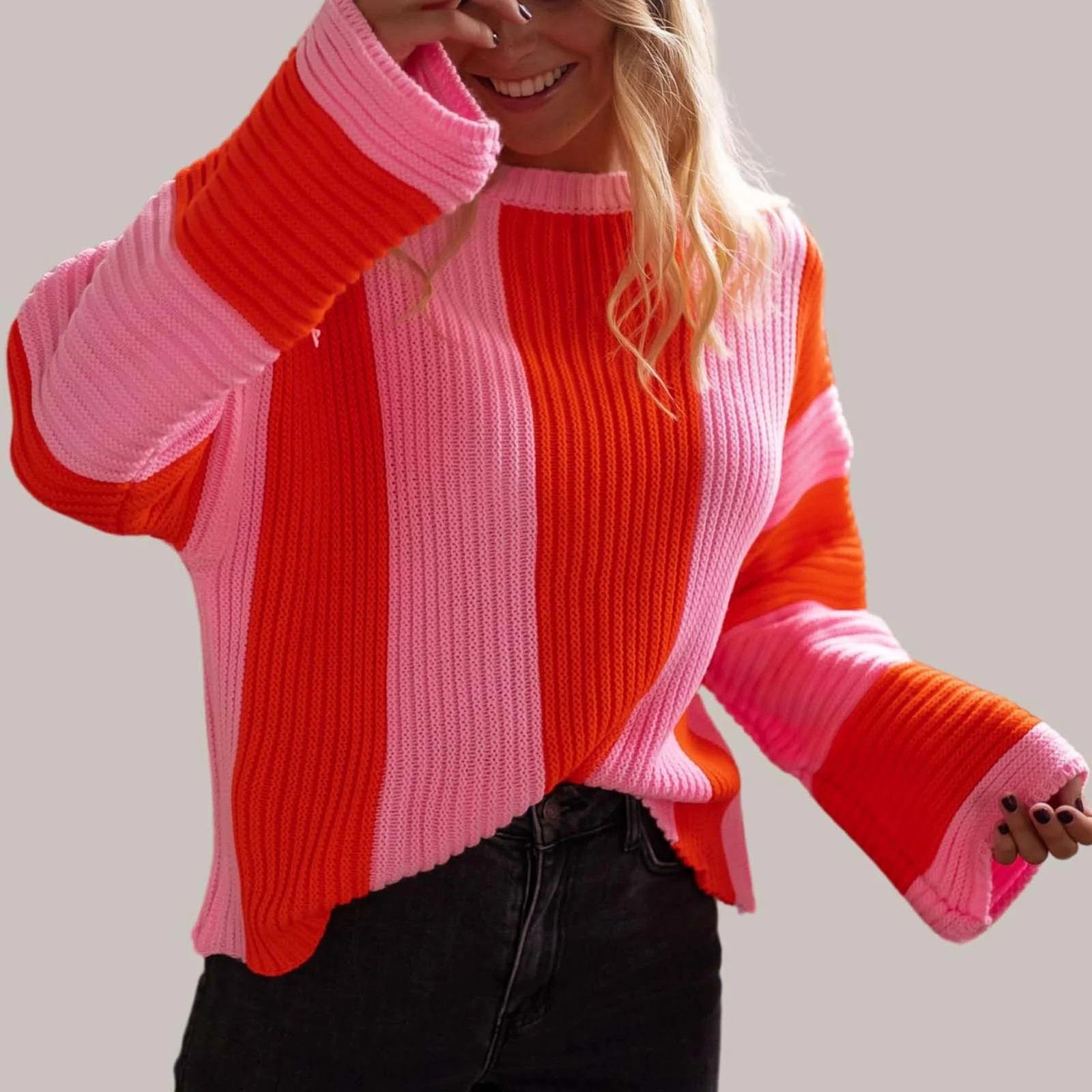 SNOWSONG Clearance! Oversized Sweaters for Women, Womens Striped Bell Sleeve Pullover Loose Crew ... | Walmart (US)