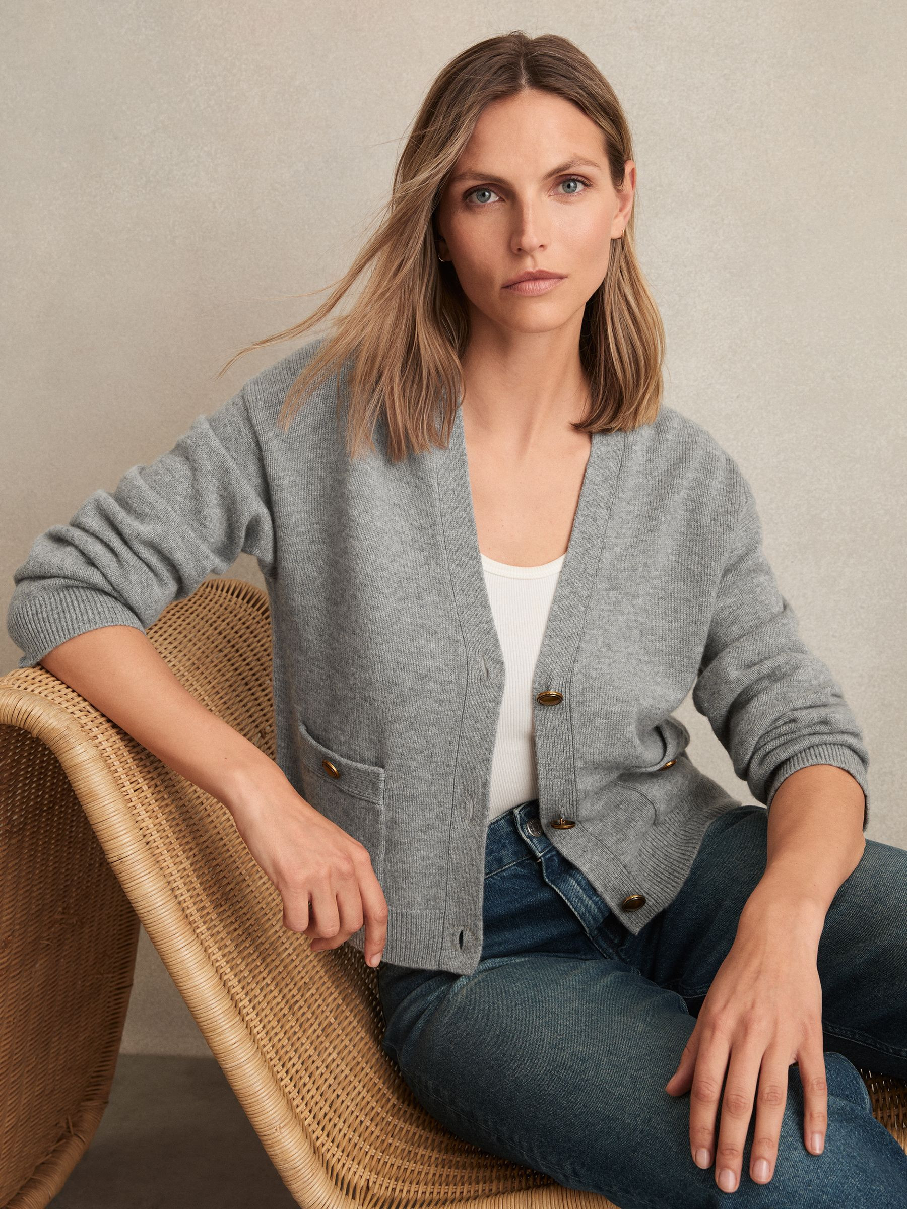 Wool-Cashmere Button Cardigan in Silver Grey | Reiss US