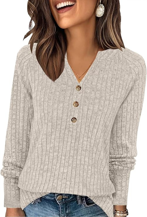 Womens Sweaters Fashion Long Sleeve Shirts V Neck Pullover Trendy Casual Loose Fit Sweatshirt | Amazon (US)