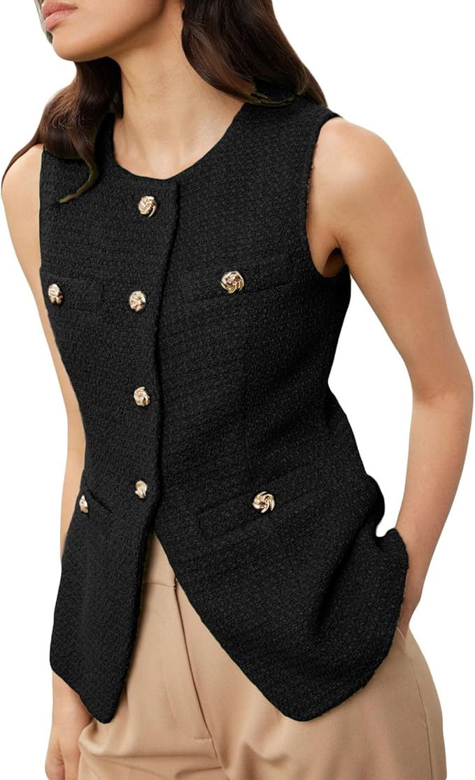 Women's Tweed Blazer Vest Sleeveless Button Front Summer Casual Blazer Jackets Work Office Vest | Amazon (US)