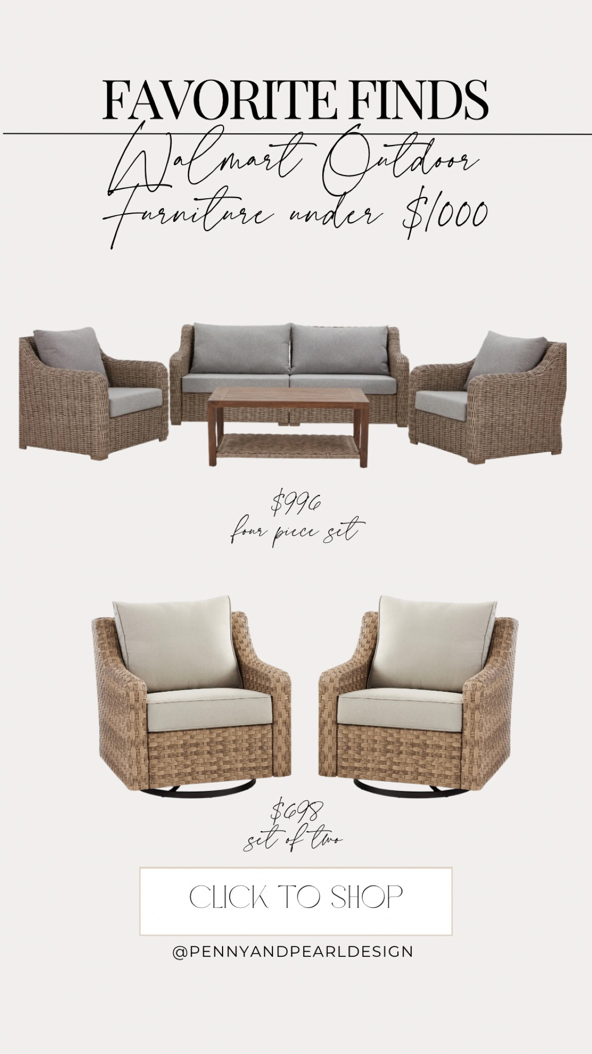 The viral Walmart patio furniture that sold out SO many times last year is back in stock! 

•Four piece sofa set with two chairs and table is $996
•Set of two glider swivels is $698
•Set of two club chairs is $398

Available in natural and gray cushions for a neutral look☁️

Shop the look and follow @pennyandpearldesign for more home style✨



#LTKhome #LTKSeasonal #LTKSpringSale
