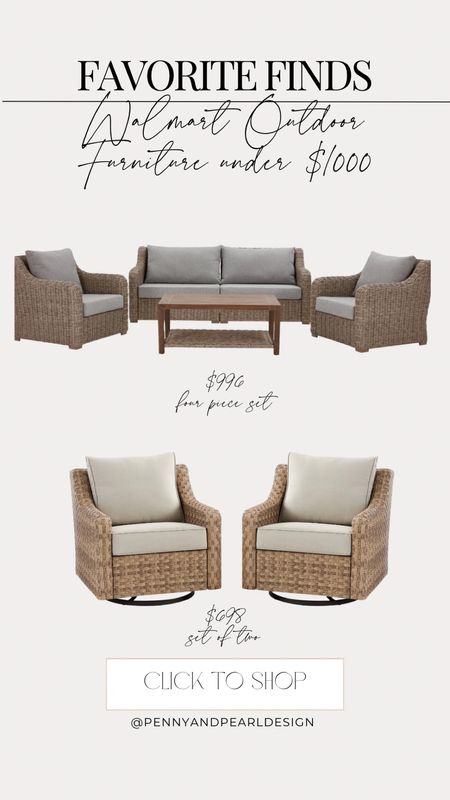 The viral Walmart patio furniture that sold out SO many times last year is back in stock! 

•Four piece sofa set with two chairs and table is $996
•Set of two glider swivels is $698
•Set of two club chairs is $398

Available in natural and gray cushions for a neutral look☁️

Shop the look and follow @pennyandpearldesign for more home style✨



#LTKhome #LTKSeasonal #LTKSpringSale