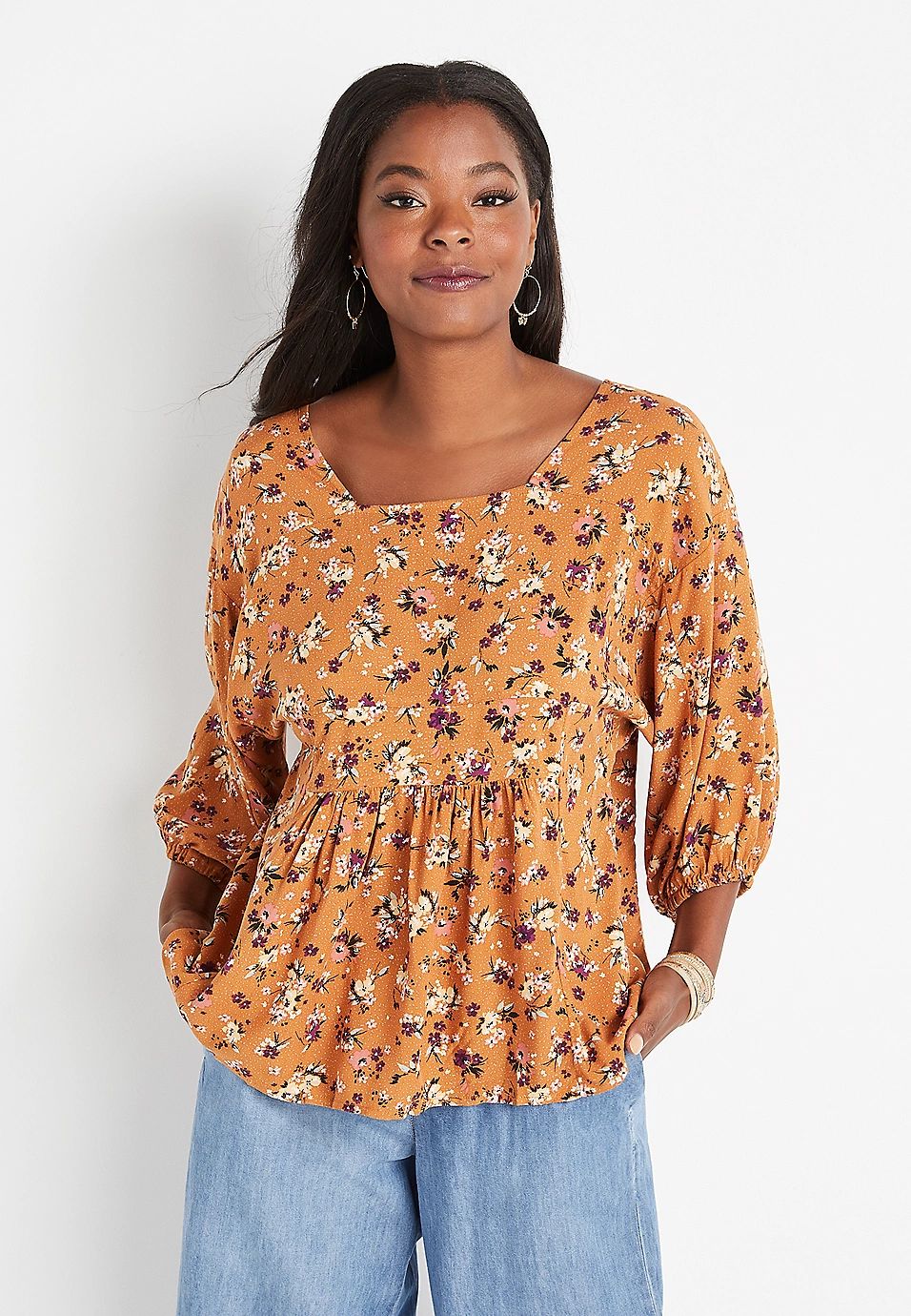 Gold Floral Peplum Blouse | Maurices