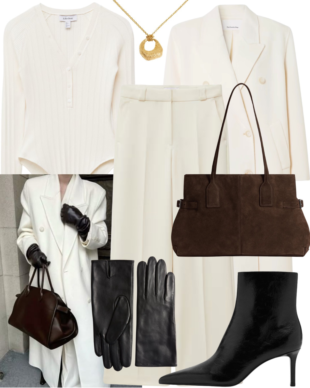 Like J Lo in Maid in Manhattan, an old white outfit with black accessories is stunning!

Including long white coat, white bodysuit, white tailored trousers, gold necklace, suede handbag, black leather gloves, black heeled boots  

#LTKstyletip #LTKbag #LTKuk