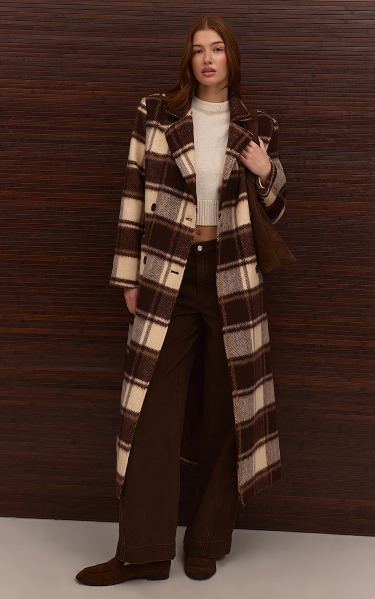 Brown Checked Structured Double Breasted Wool Look Maxi Coat | PrettyLittleThing UK