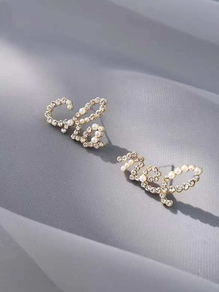 1pair Asymmetrical Copper & Rhinestone Full Letter Shape Earrings, Suitable For Women's Daily & P... | SHEIN