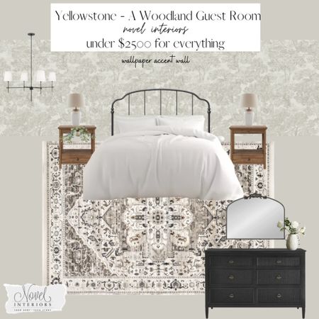 Beautiful wallpaper and an iron bed with black accents and warm wood tones makes this lovely bedroom rustic yet refined. Part of my budget Yellowstone Collection, it’s a relaxing main suite or guest bedroom! Under $2500 for everything!

#LTKhome #LTKsalealert #LTKfamily