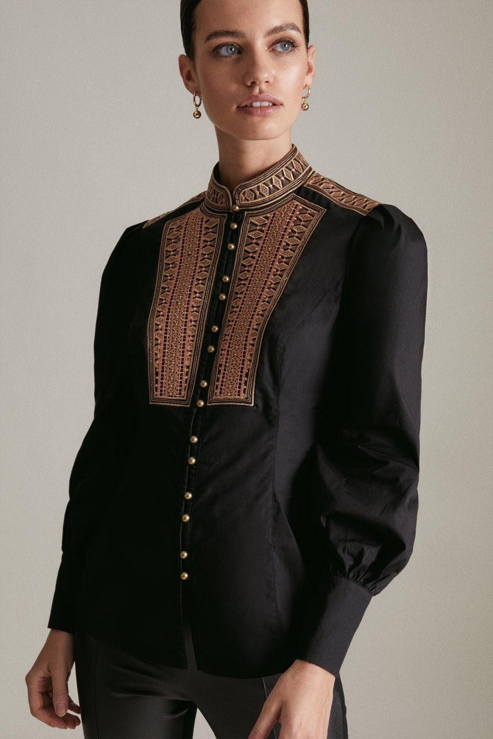 Petite Poplin Tape Embroidery Woven Shirt | Karen Millen UK & IE