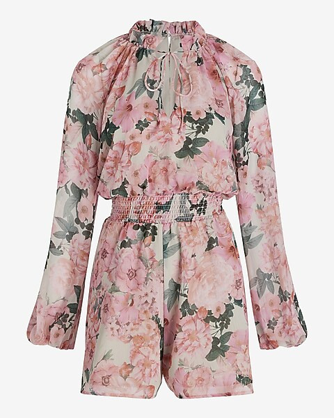 Floral Tie V-neck Long Sleeve Smocked Waist Romper | Express