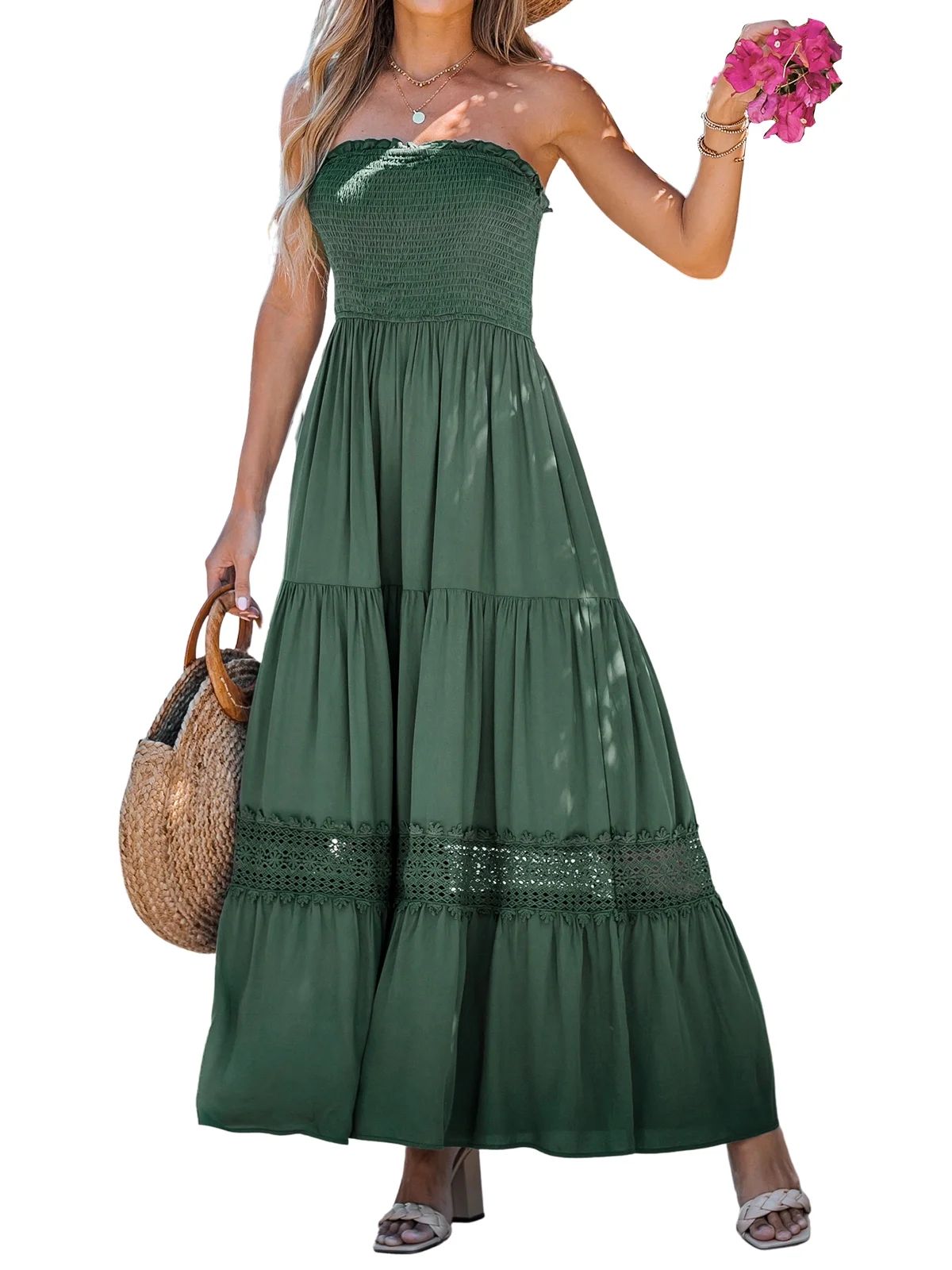 Cupshe Women's Smocked Ruffled Straight Neckline Maxi Tube Dress | Walmart (US)