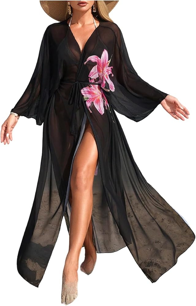 OYOANGLE Women's Swimsuit Cover Up Floral Long Sleeve Sheer Long Kimono Cardigans Beach Coverups | Amazon (US)