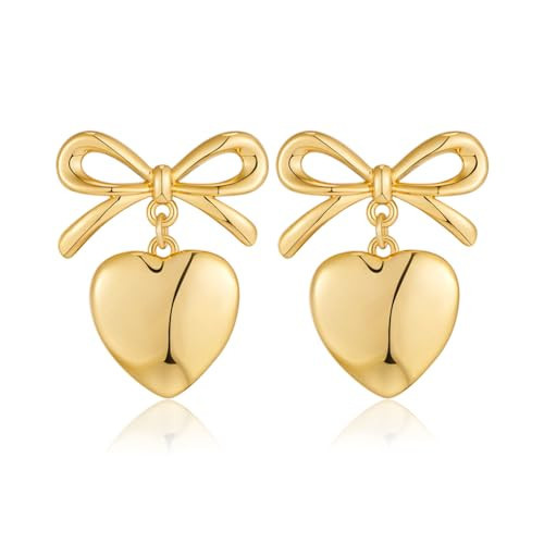 FAUTHENTICUTE Gold Heart Dangle Earrings For Women,A Small Bow Studs On The Top | Amazon (US)