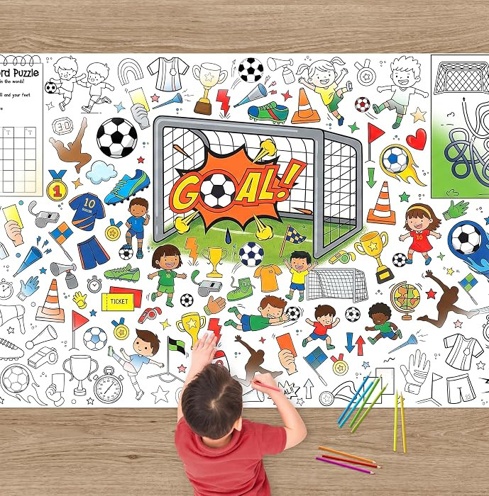 Soccer Giant Coloring Poster Sports Jumbo Tablecloth with Crossword Puzzle Maze Game Football Pla... | Amazon (US)