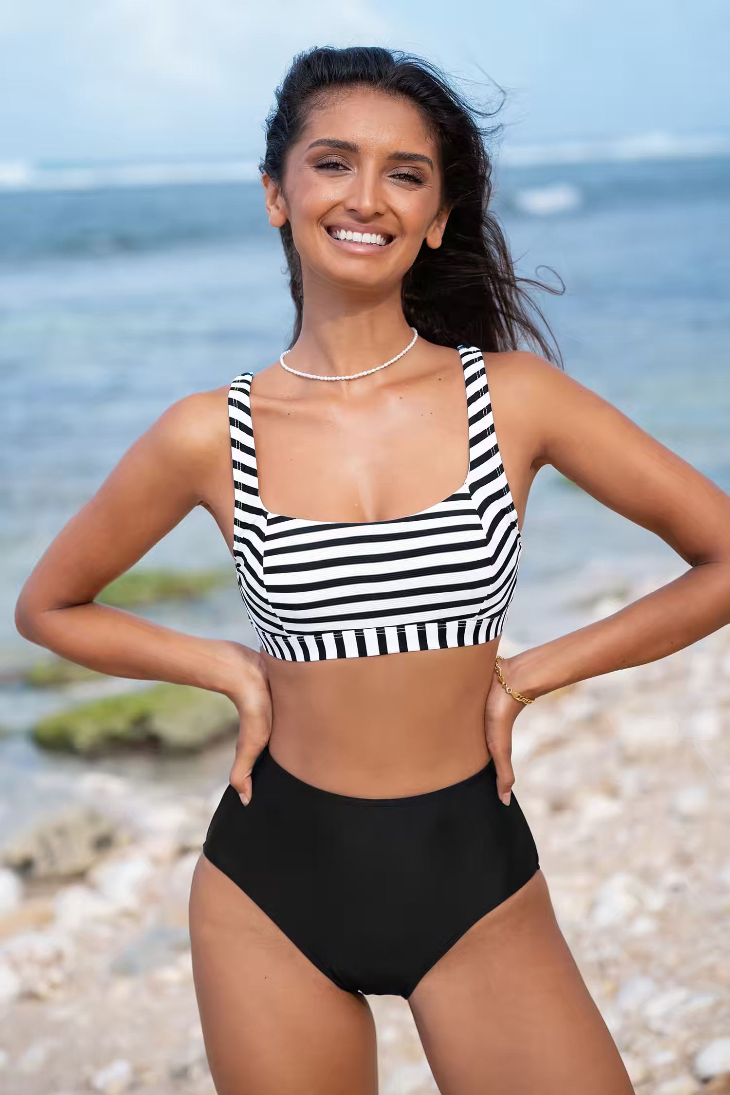 Striped Square Neck Bikini Top & High-Rise Bottoms SetHidden Underwire | Cupshe US