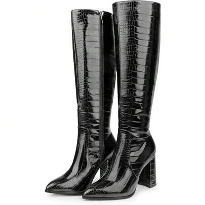 Women's Knee High Boots Pointed Toe Chunky Heel Side Zipper Boots Faux Crocodile Leather Boots | SHEIN
