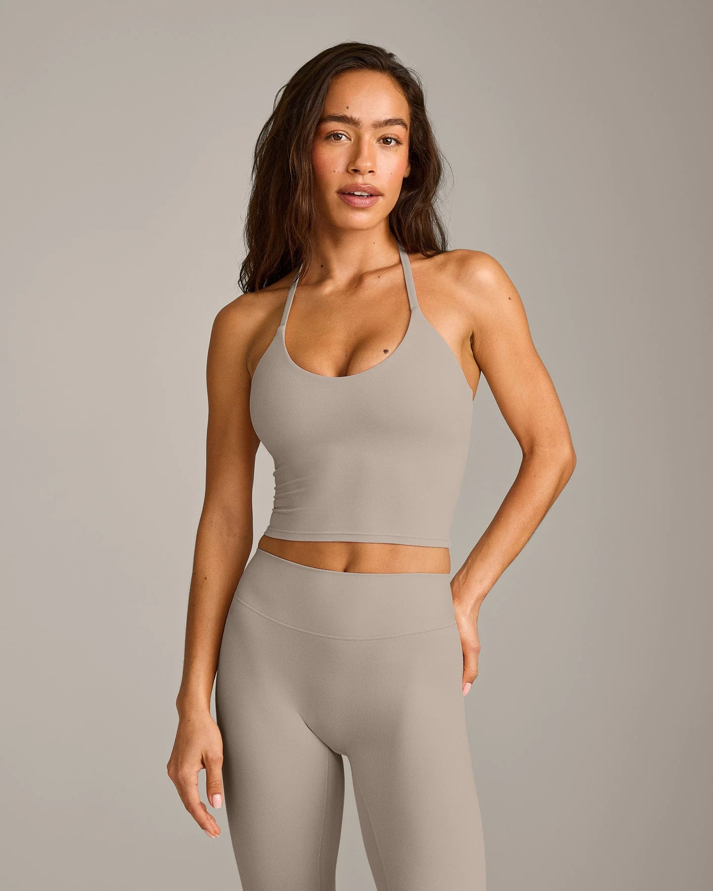 SoftMotion\u2122 Strappy Halter Neck Mid Tank Top with Built in Bra Shelf with White Logo 
 Warm ... | Oner Active (UK / US)