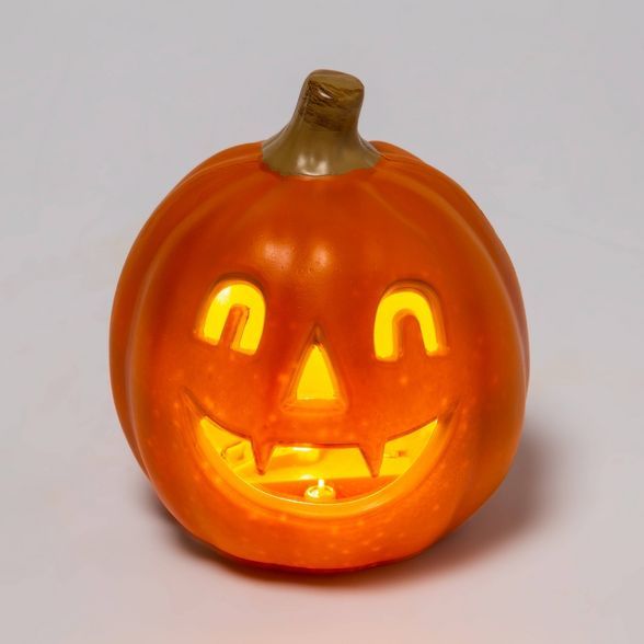 5" Lit Pumpkin with Happy Vampire Face and Crescent Eyes (2 Teeth) Halloween Decorative Prop - Hy... | Target