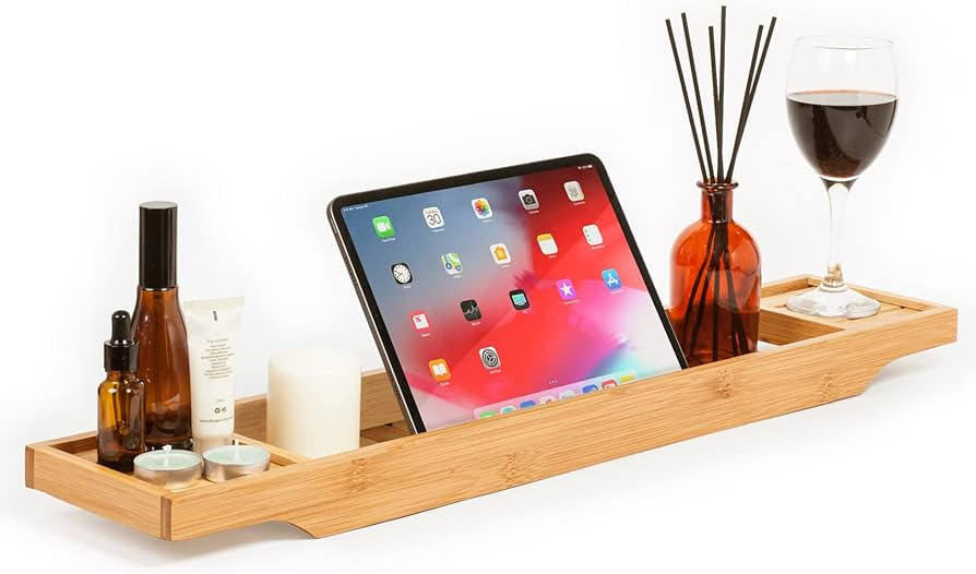 woodluv Slimline Bamboo Bathtub Caddy Tray Bridge Wooden Bath Rack Bathroom Accessory Bath Shelf ... | Amazon (UK)