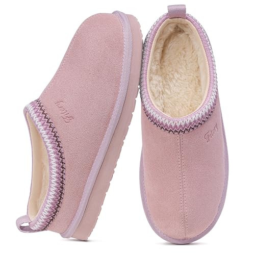 FITORY Women's Suede Slipper, Flat Slip On House Shoes with Faux Fur Lining Indoor Outdoor Short Mini Boots Purple Size 9 | Amazon (US)