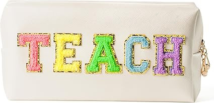Colorful TEACH Letter Patch Makeup Bag Shell Gold PU Leather Patch Cosmetic Bag with TEACH Chenil... | Amazon (US)