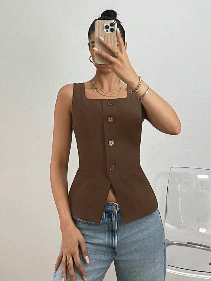 SHEIN EZwear Brown Woven Fitted Vest Jacket | SHEIN