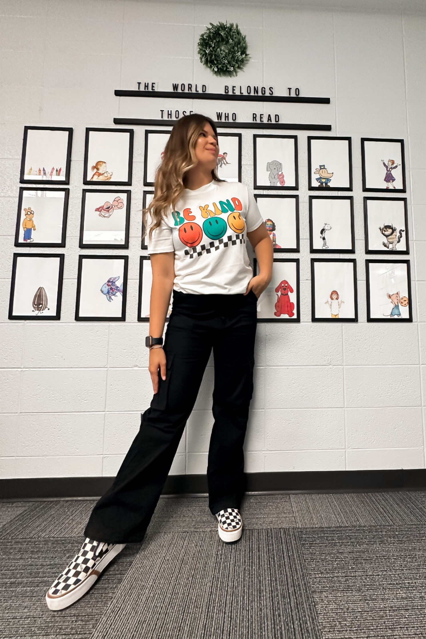 Teacher OOTD: how cute is this “BE KIND” graphic tee?! Pairs perfectly with vans too! These slim cargo pants have definitely made me a cargo fan. I’m here for that trend!🖤

#LTKunder50 #LTKstyletip #LTKworkwear