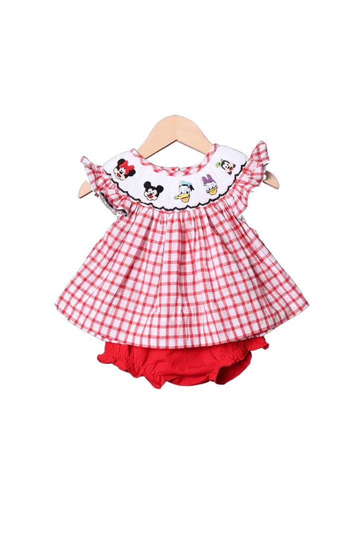 Smocked Mouse and Friends Red Windowpane Bloomer Set | The Smocked Flamingo
