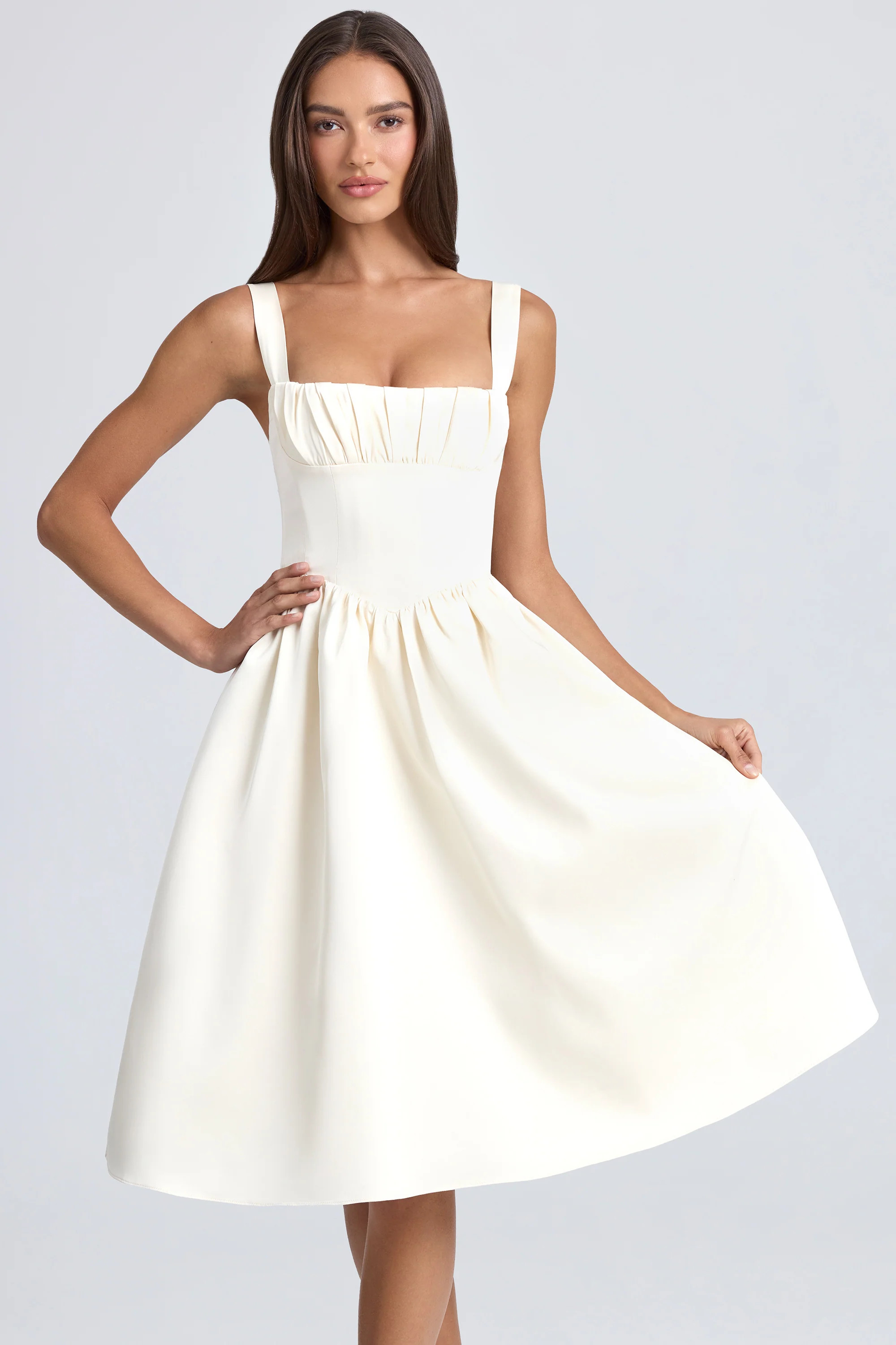 Draped Corset Midaxi Dress in Ivory | Oh Polly