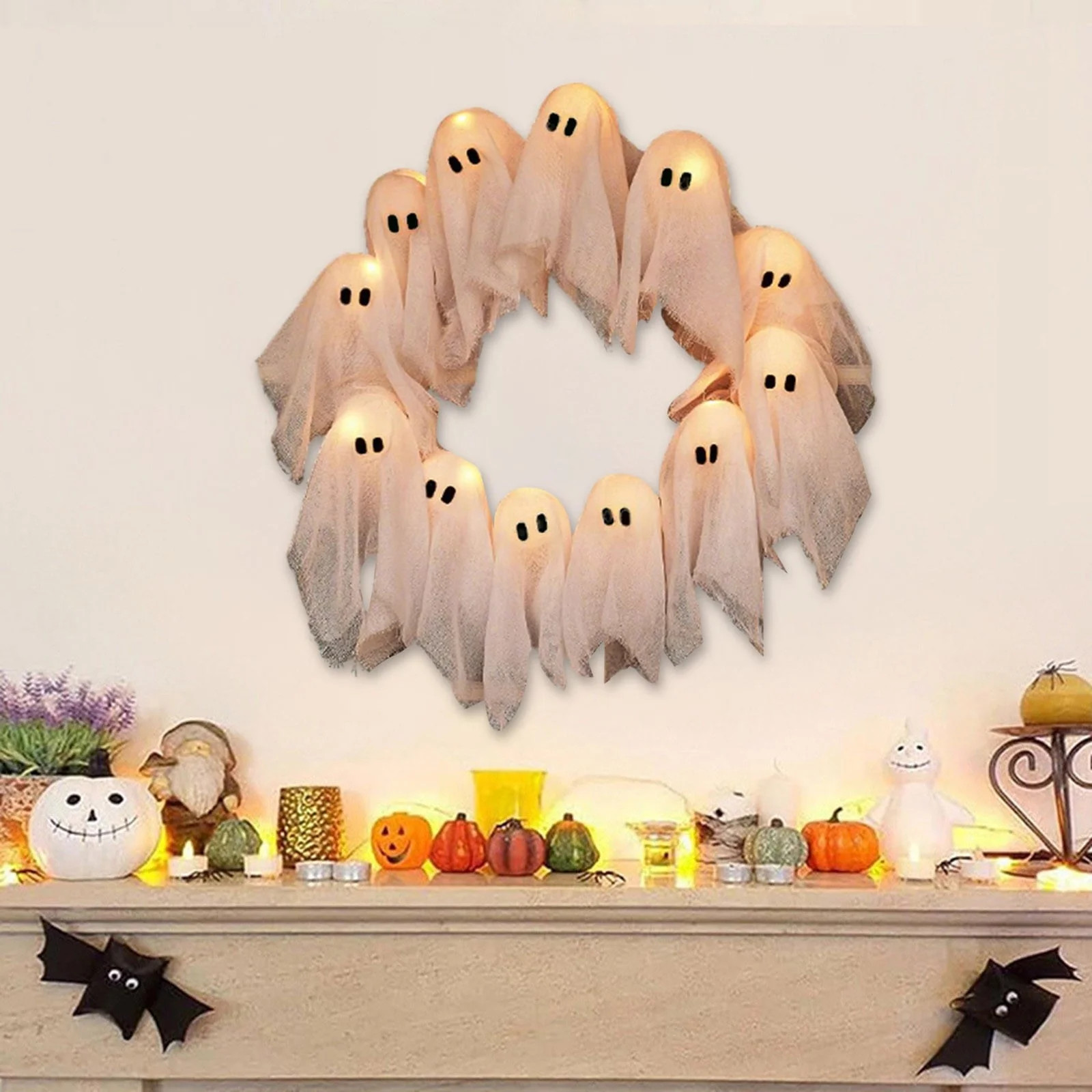 XMMSWDLA 15.7" LED Lighted Halloween Ghost Wreath - 12 Glowing Spirits, Battery-Operated for Fron... | Walmart (US)