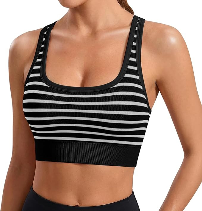 Aoysky Womens Racerback Ribbed Sports Bras Seamless Low Impact Scoop Neck Yoga Striped Cami Longl... | Amazon (US)